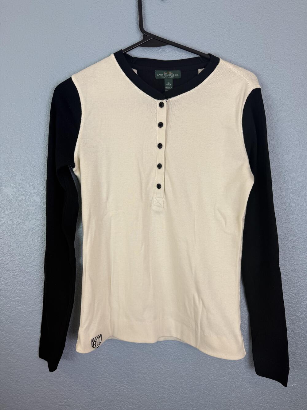 Lauren Jeans Co Shirt Womens XS Black White Henley Long Sleeve Cotton RLL Patch